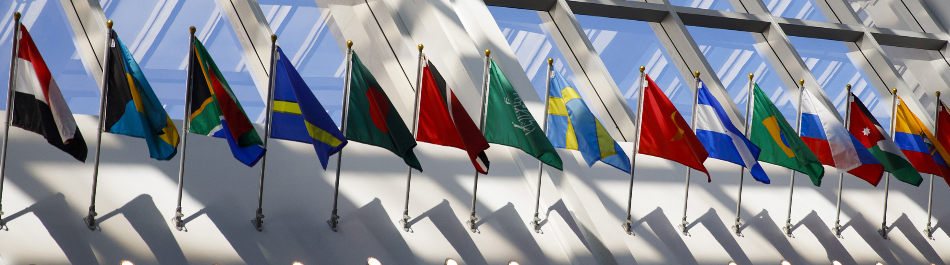 different international flags on building