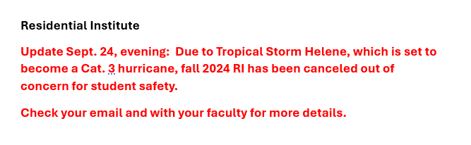 Residential Institute Cancelled Due to Tropical Storm Helene