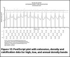 Figure 12: Post Script plot with extension, density, and calcification data for high, low, and annual density bands